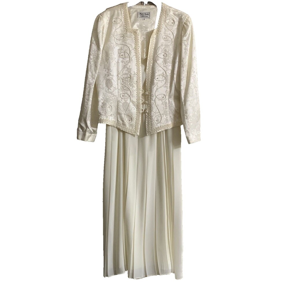 Vtg Nah Nah Collection 2 Piece Dress Jacket Set Ivory Cream Size 18 READ*